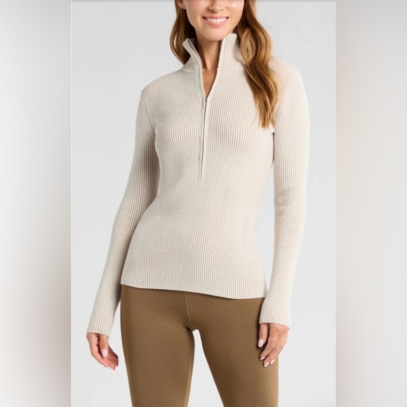 NEW Zella Après Ski Half Zip Ribbed Ivory Merino Wool-Blend Sweater- Size XXL - Picture 4 of 11
